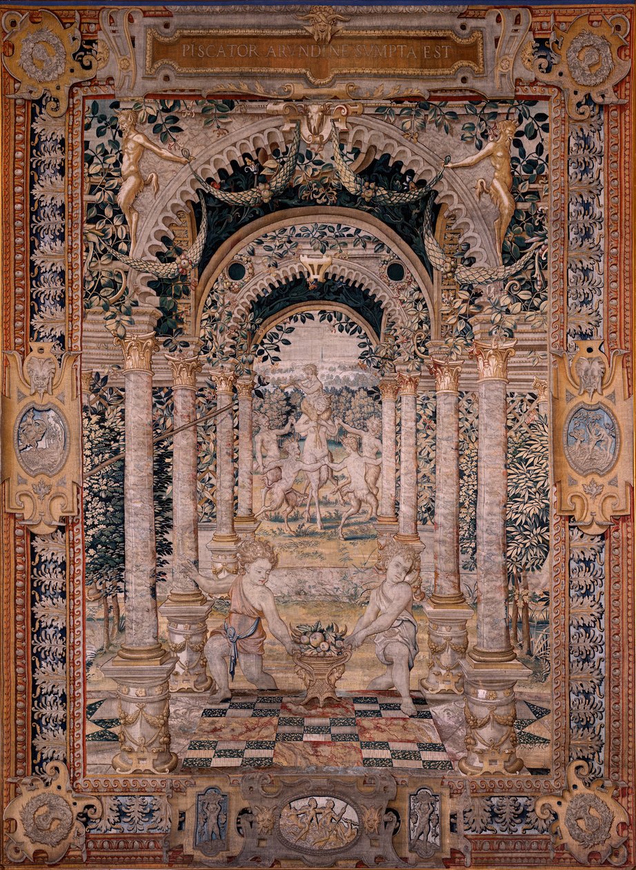 Vlaams wandtapijt. Serie Vertumnus en Pomona. Zevende wandtapijt van de serie; Vertumnus veranderd in een visser (middenstuk). Modellen Kring van Pieter Coecke Van Aelst en Léonard Thiry. Manufacture Onbekende werkplaats, Brussel. Voor 1550. door Flemish School