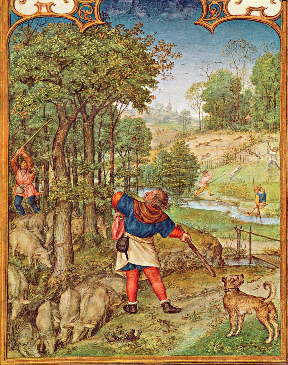 Fol.11v De Maand November: Eikels oogsten voor de varkens en jagen, uit het Breviarium Grimani, c.1515 door Flemish School