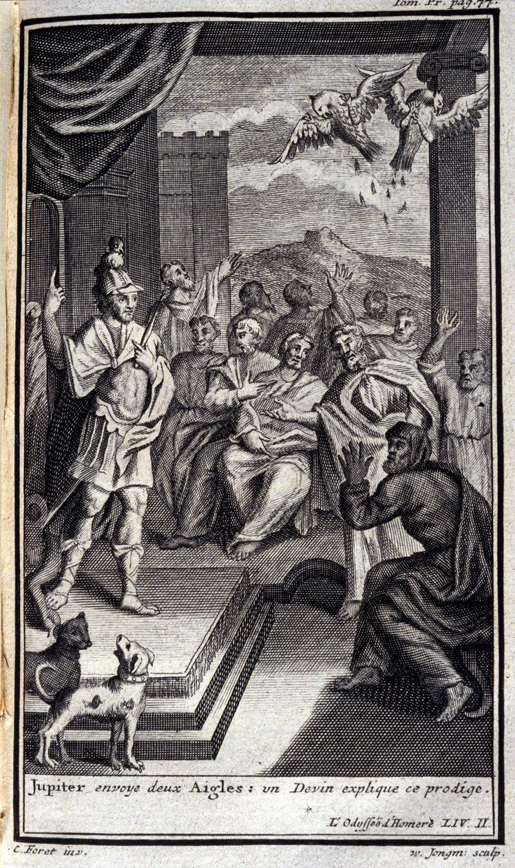 Jupiter stuurt twee adelaars: een ziener verklaart dit wonder. Illustratie voor boek II van de Odyssee van Homeros, gepubliceerd in Amsterdam in 1731, privécollectie Milaan door Flemish School