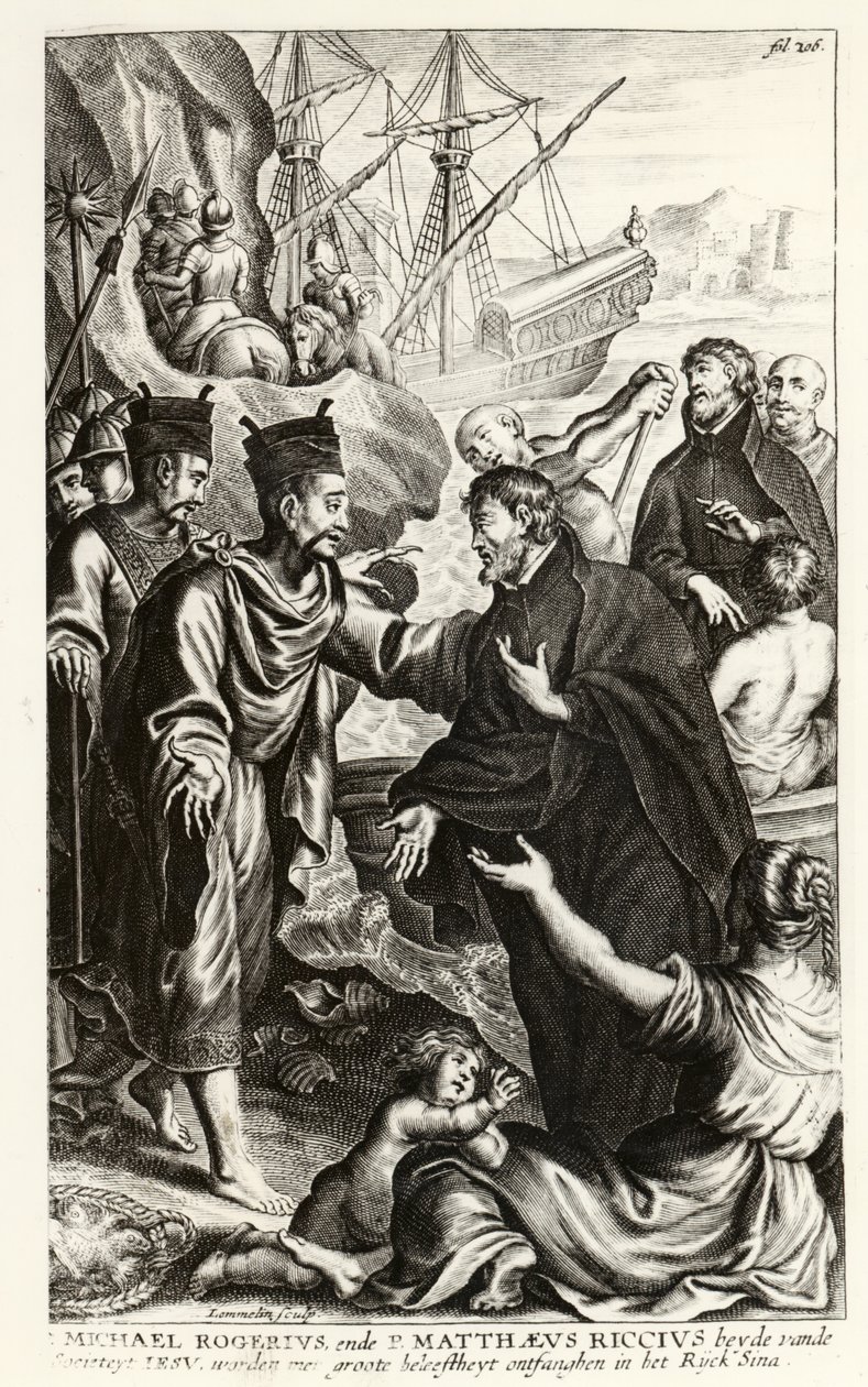Michael Rogerius (1543-1607) en Matthaeus Riccius (1552-1610) arriveren aan de kust van China, illustratie uit een kerkgeschiedenis door P. Cornelius Hazart, gepubliceerd in Antwerpen, 1668 door Flemish School