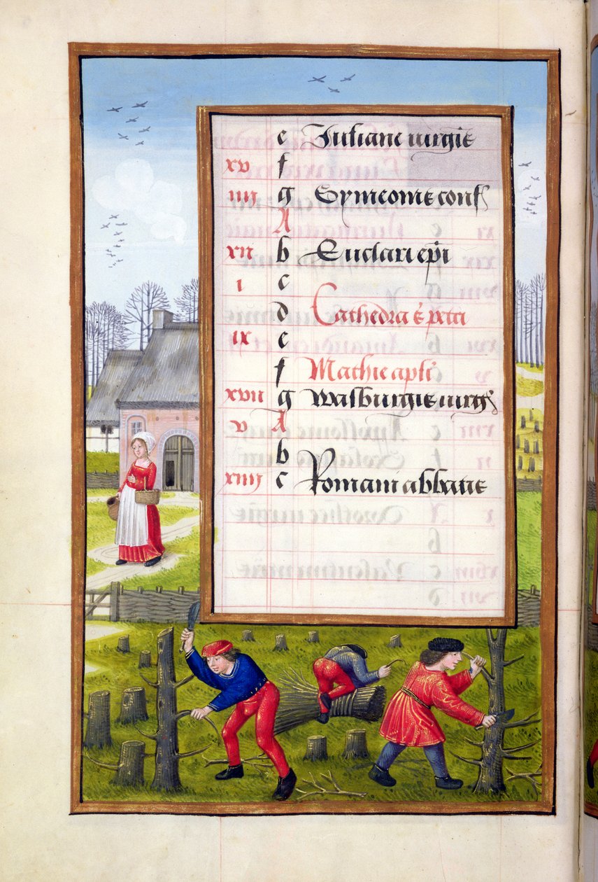 Bomen kappen en takken binden, uit een Getijdenboek, ca. 1500 door Flemish School