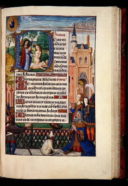 Ms 1058-1975, f.74r: Koning David bidt tot de Maagd en het Kind en een gehistorieerde initiaal D die de schepping van Eva uitbeeldt, uit een Getijdenboek, Brugge, c.1510 door Flemish School