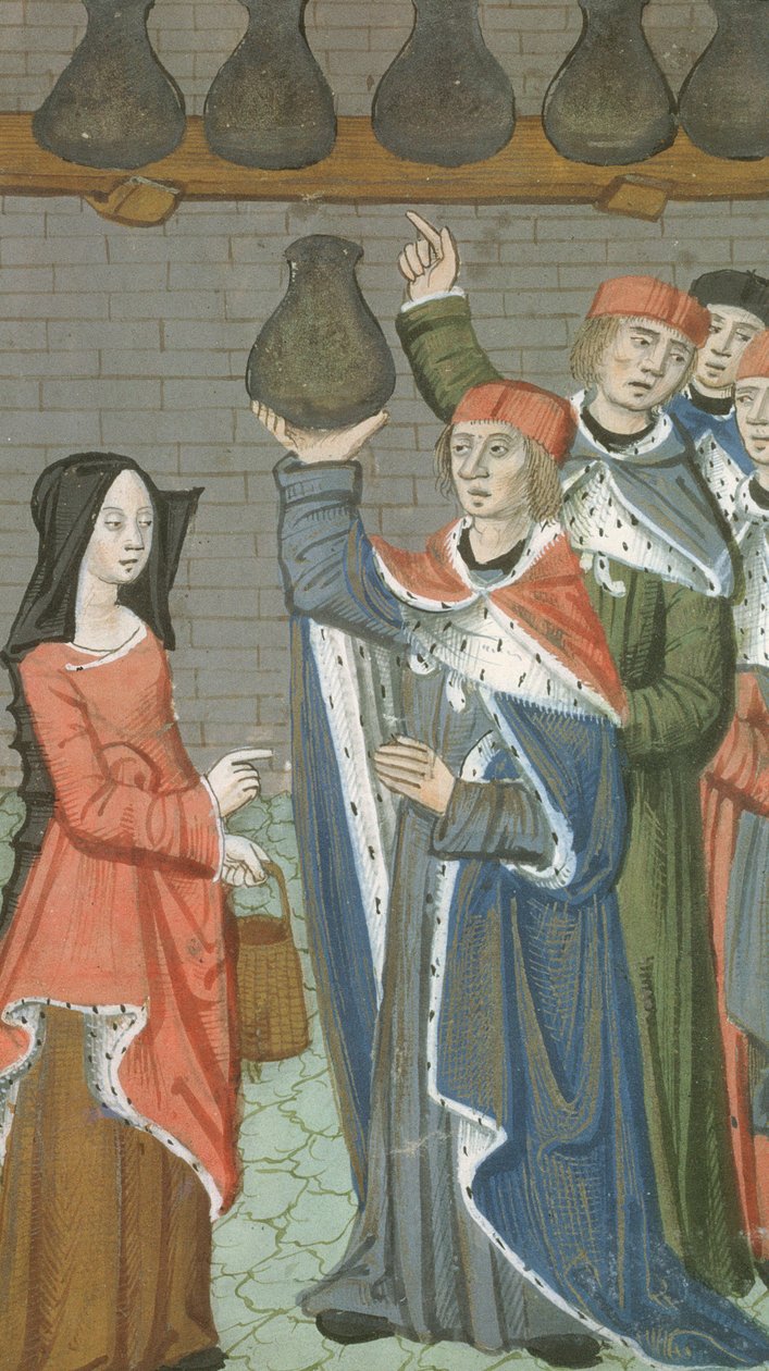 Vrouw met mand brengt urinalis magnus, uit De Medina Fen I. II, door Avicenna (980-1037) door Flemish School