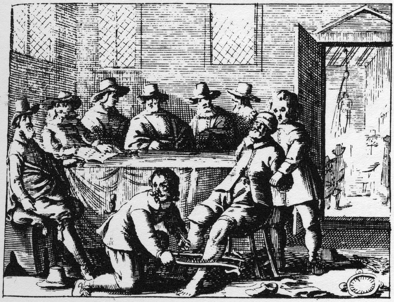 Straf van de Tincers opgelegd aan een tovenaar - gravure uit 1725 in 