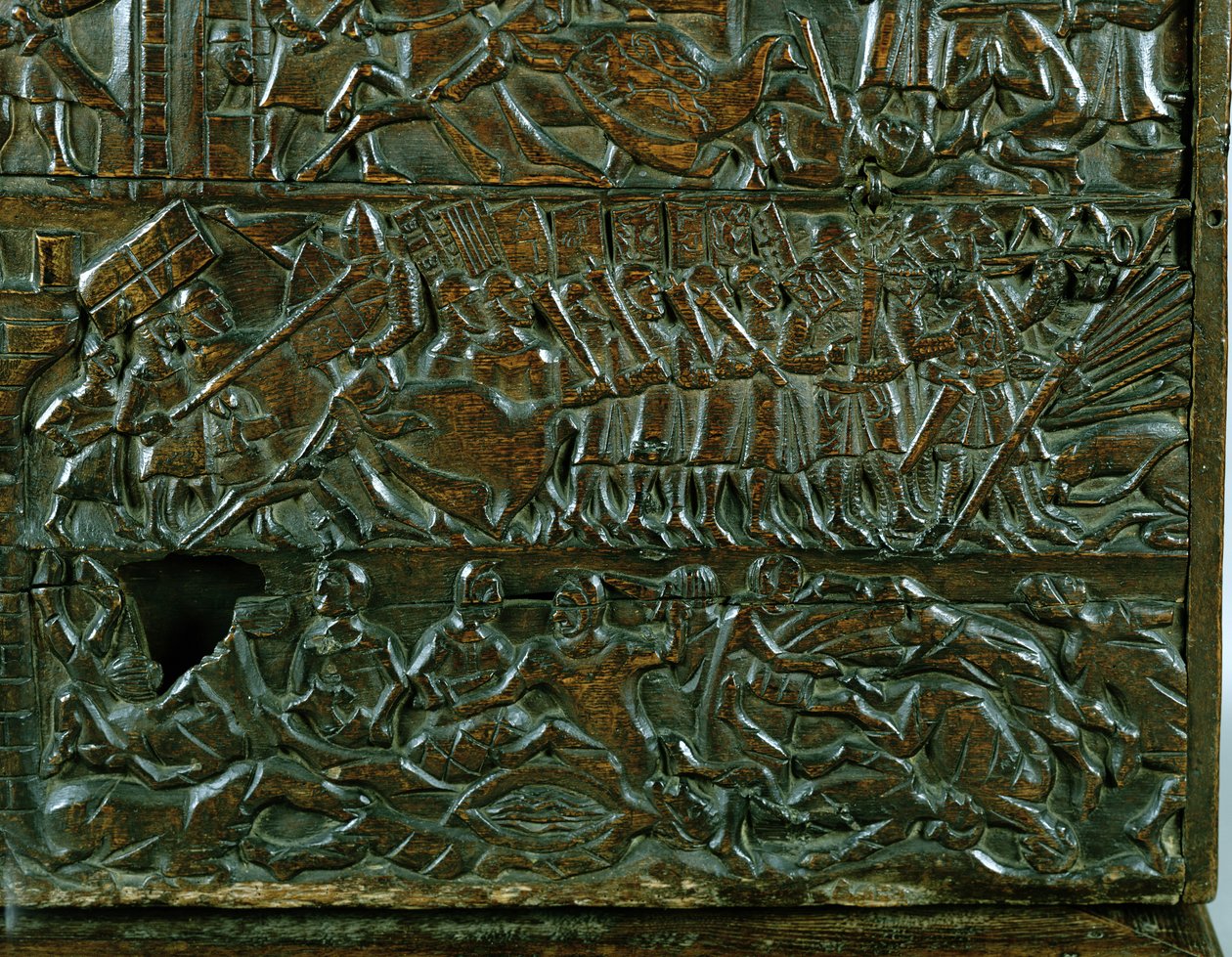 De Kortrijkse Kist met de Vlaamse slaglinie tijdens de Guldensporenslag in Kortrijk in 1302 (detail) door Flemish School