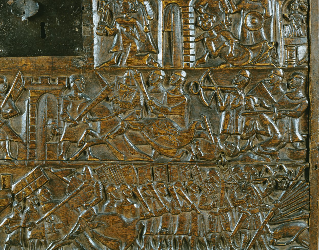 De Kortrijkse Kist met de opstand in Brugge op 18 mei, tijdens de Guldensporenslag in Kortrijk in 1302 (detail) door Flemish School