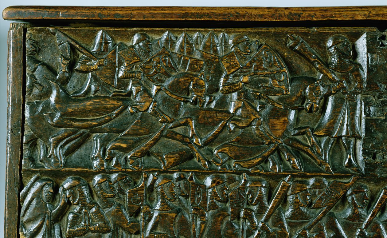 De Kortrijkse Kist met twee scènes van de Guldensporenslag in Kortrijk in 1302 (detail) door Flemish School