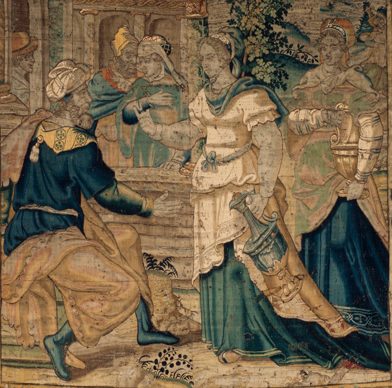 De universiteitscollecties. Vlaamse wandtapijt. Dochters van Jethro vertellen hun vader over de ontmoeting met Mozes. (detail) Oudenaarde. Ca 1550. door Flemish School