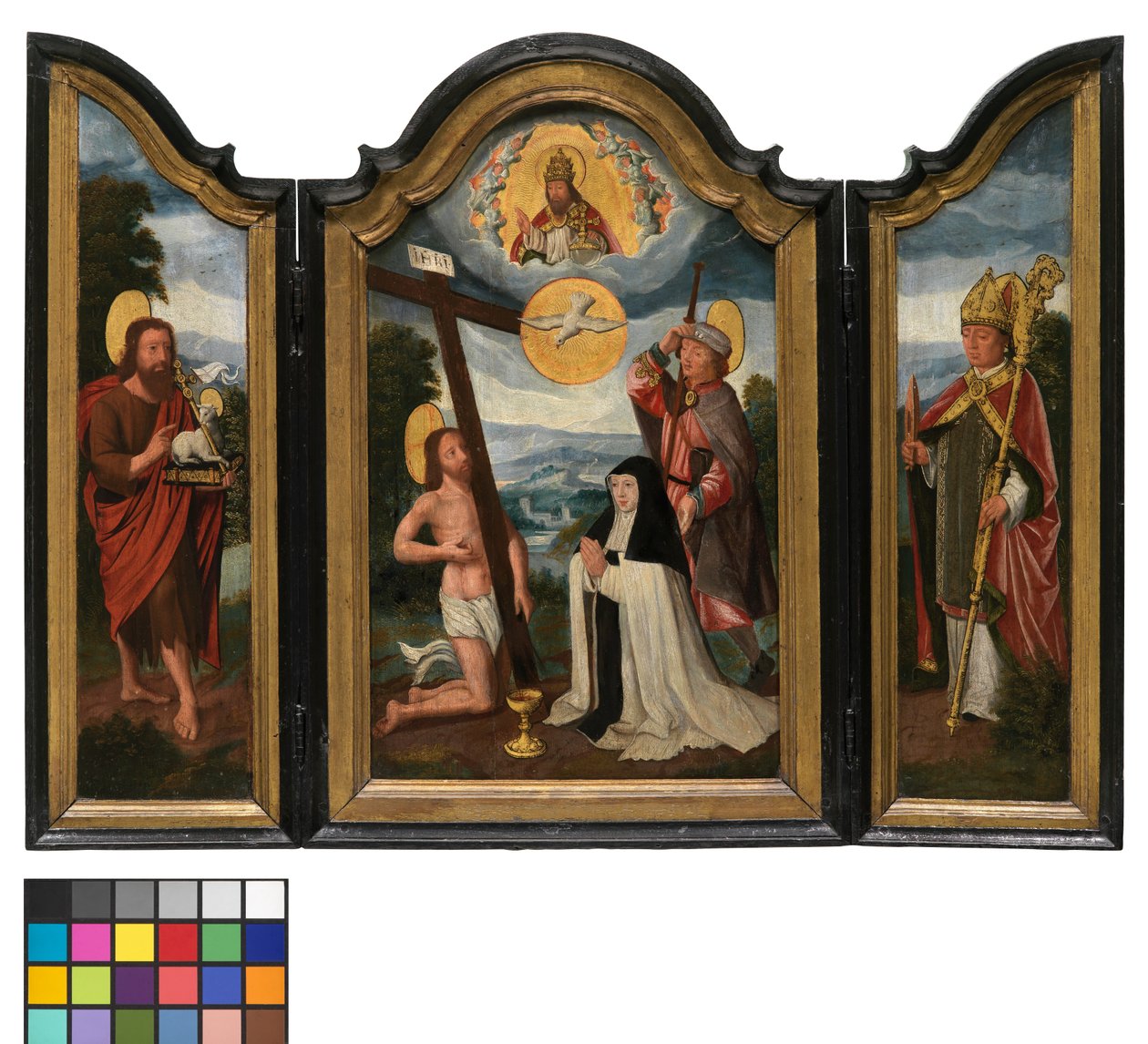 Drieluik met de Heilige Drie-eenheid, een Zuster van het Ziekenhuis en Patroonheilige door Flemish School