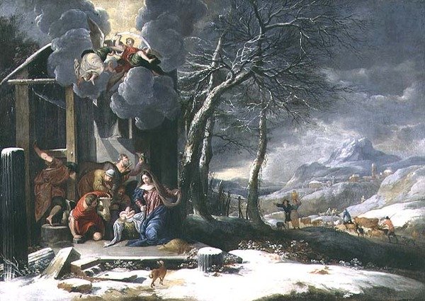 Winterlandschap met Geboorte door Flemish School