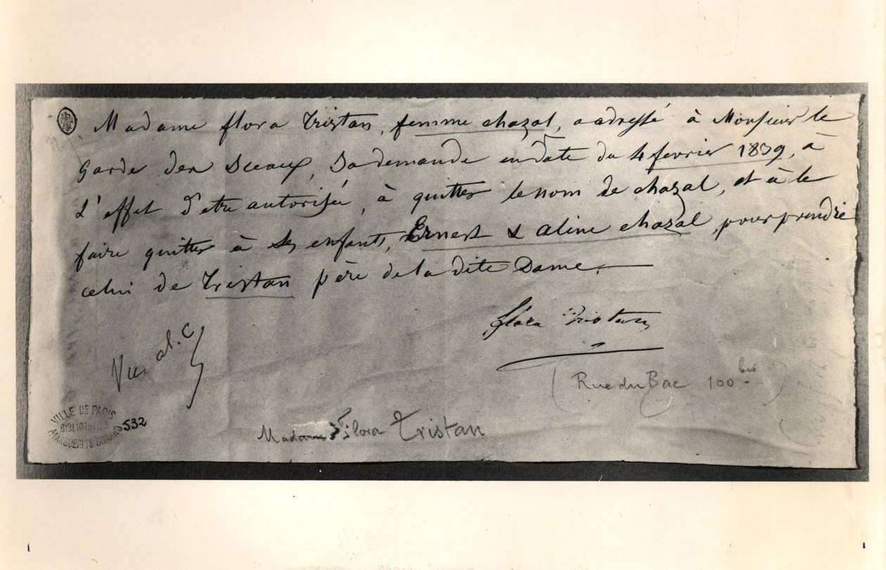 Gesigneerde brief van Flora Tristan (1803-44) aan de Franse minister van Justitie, met het verzoek om een echtscheiding, 4 februari 1839 door Flora Tristan