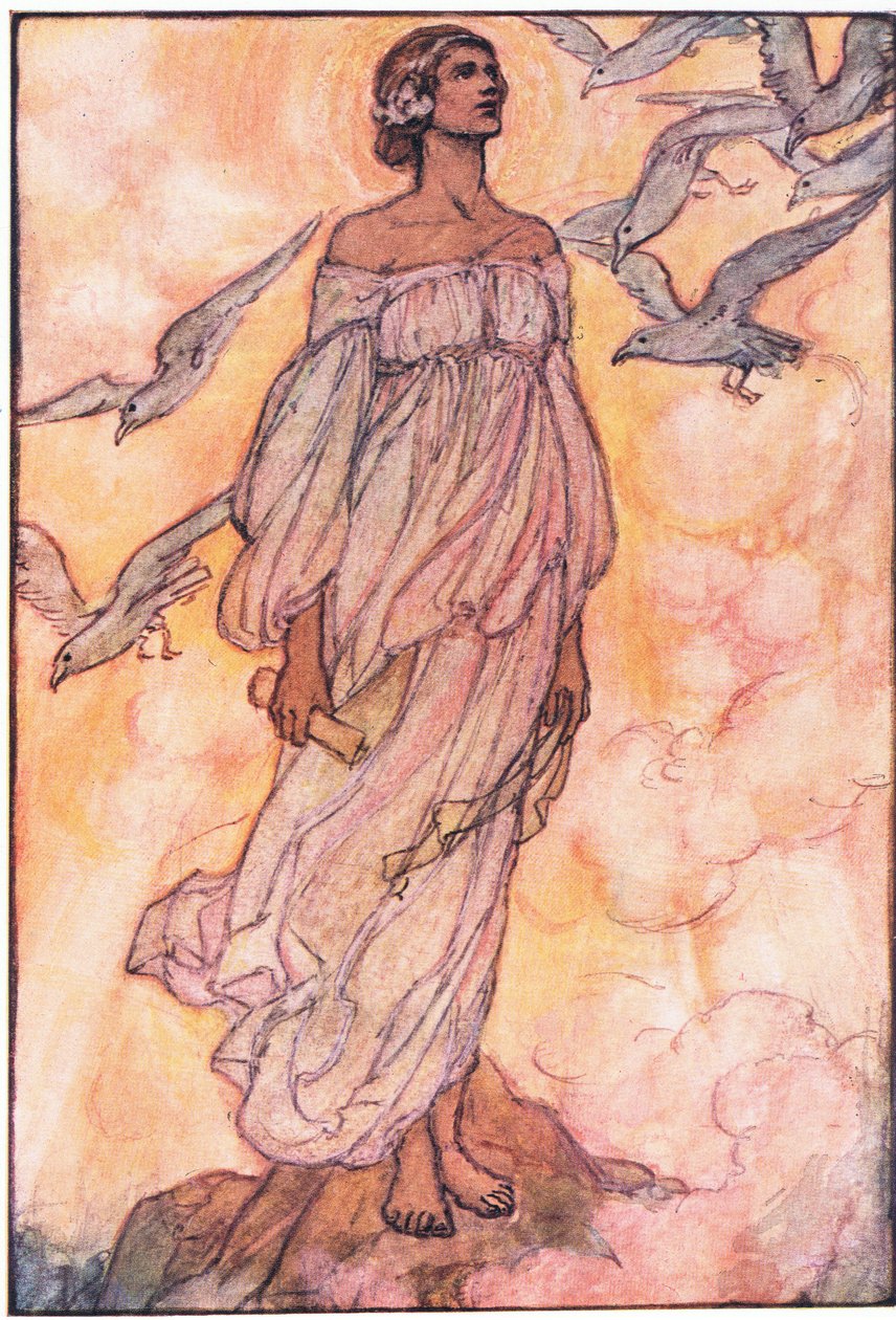 En vrijheid oprijzen in die augustus zonsopgang, haar mooie brutale voorhoofd (The Poet) (kleurenlitho) door Florence Harrison