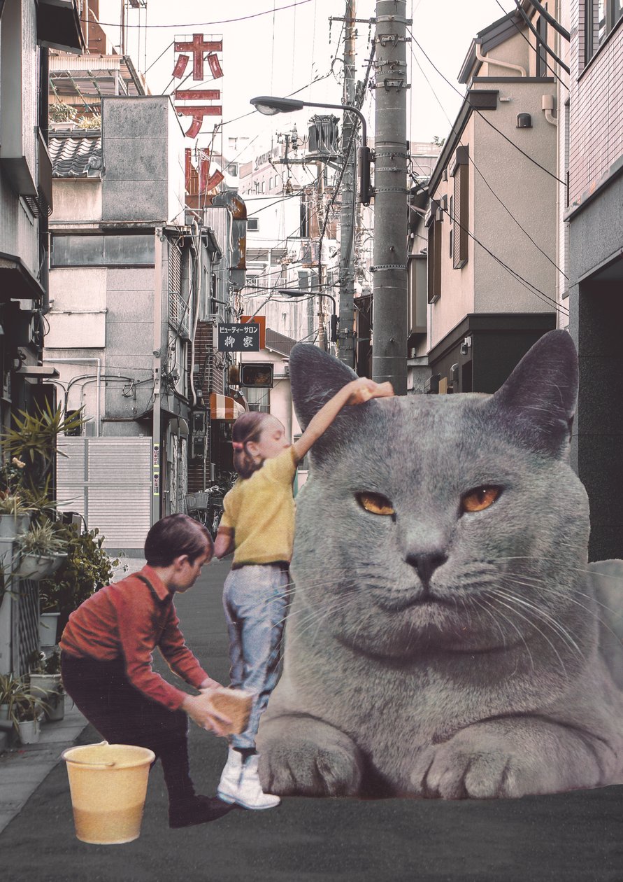 Kinderen wassen een gigantische kat in de straten van Tokio door Florent Bodart