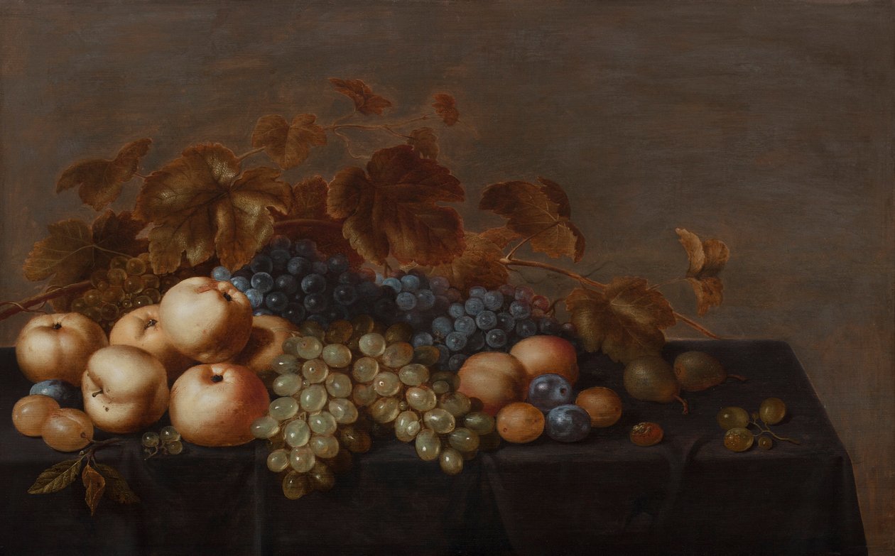Stilleven van fruit op een tafel bedekt met een donkere doek: pruimen, appels, trossen zwarte en witte druiven en peren door Floris Gerritsz van Schooten