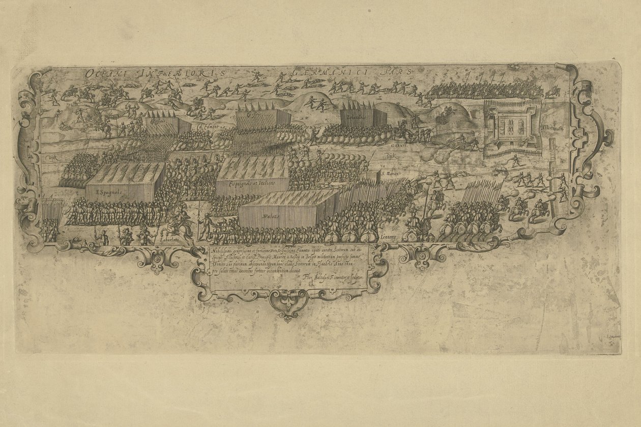 Slag bij de Leffingedijk tussen de Staatse troepen van Ernst Casimir van Nassau en de Spaanse van Albrecht van Oostenrijk, 1600 door Floris Balthasarsz. van Berckenrode