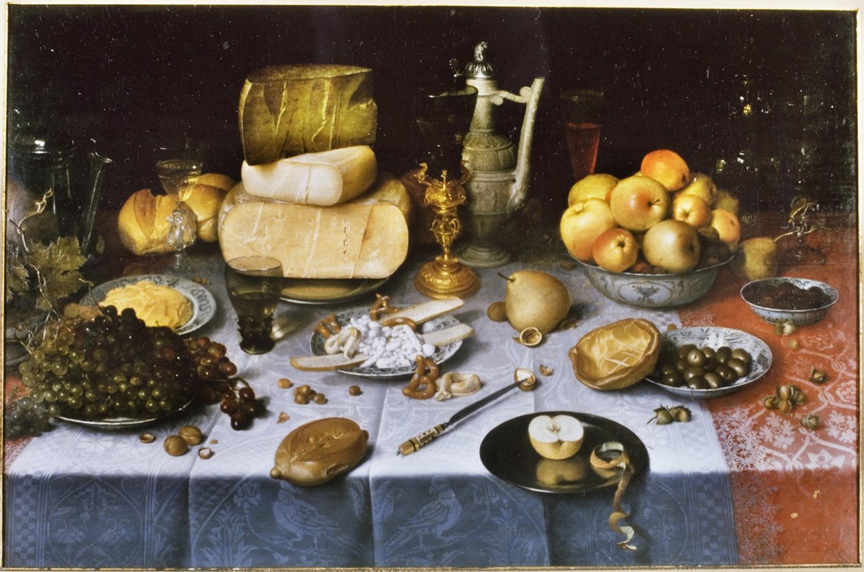 Dutch: Pronkstilleven met vruchten, kazen, brood en wijn Laid Table with Cheese and Fruit door Floris van Dyck