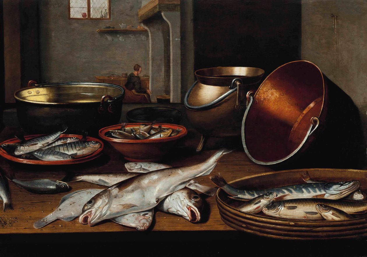 Een keukeninterieur met vis en keukengerei op een tafel door Floris van Schooten