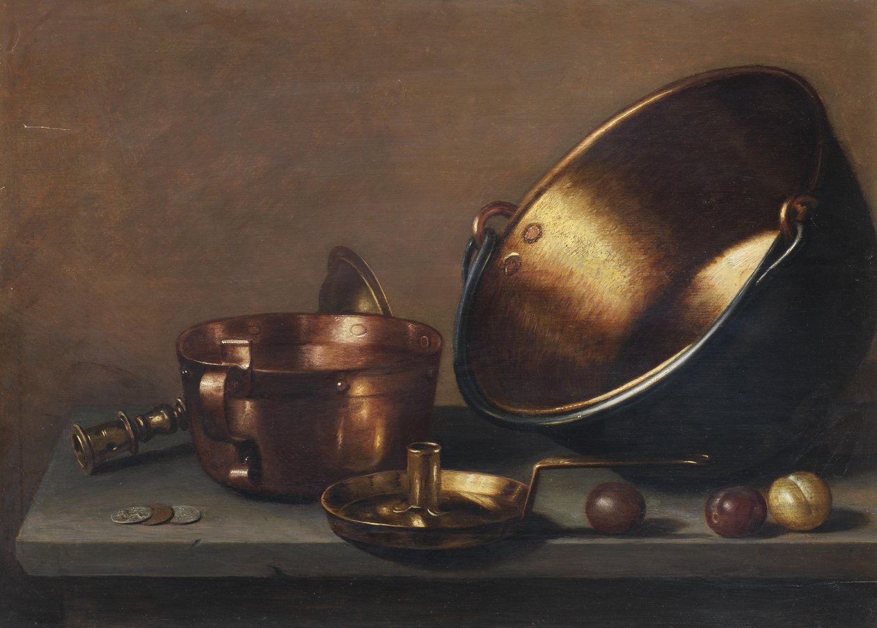Stilleven met koperen pannen, keukengerei en pruimen op een stenen richel door Floris van Schooten