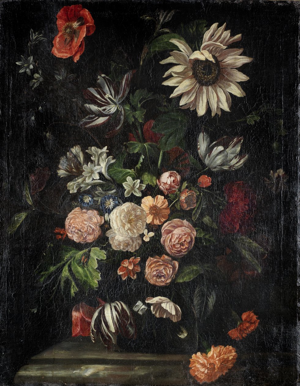 Rozen, tulpen, papaver, een zonnebloem en andere bloemen door Follower of Ernst Stuven