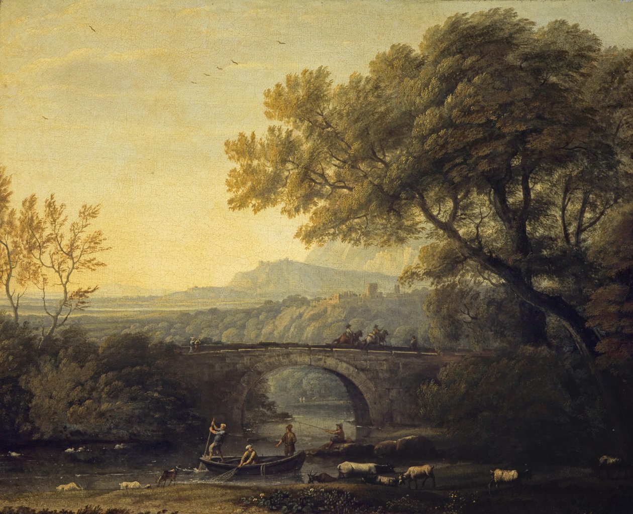 Frans:  Paysage avec un pont Landschap met een brug door Follower of Claude Lorrain
