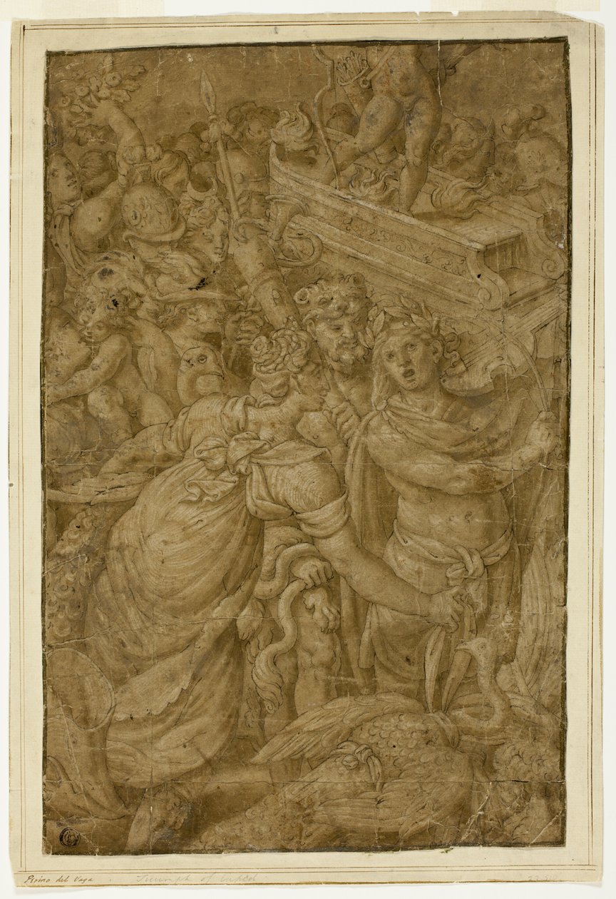 Cupido in triomfwagen, vergezeld door goden en godinnen door Follower of Giulio Romano