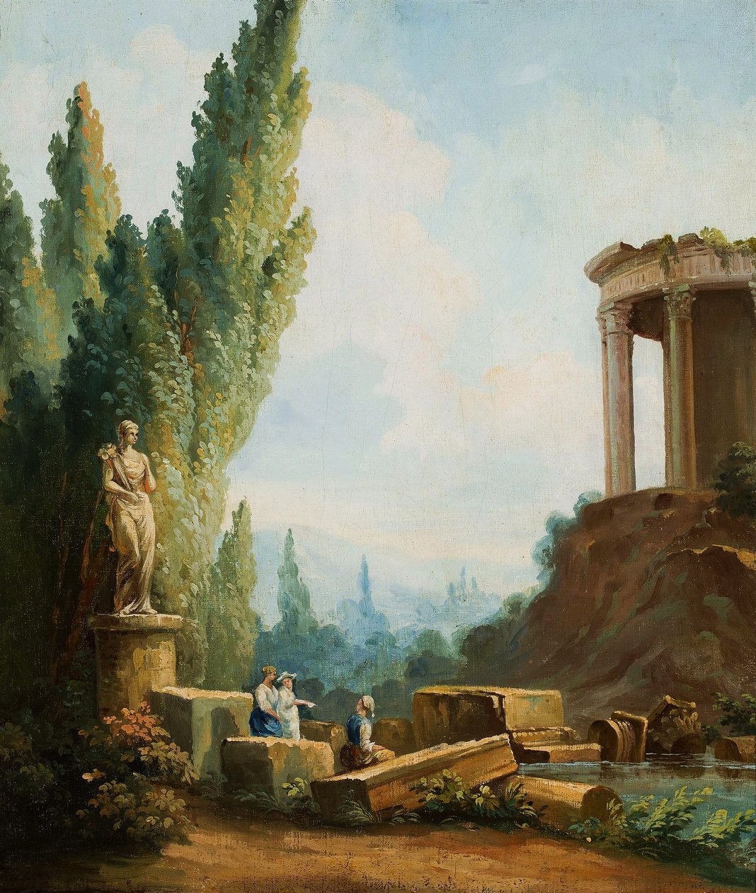Landschap met de ruïnes van de Tempel van de Sibillen in Tivoli door Follower of Hubert Robert