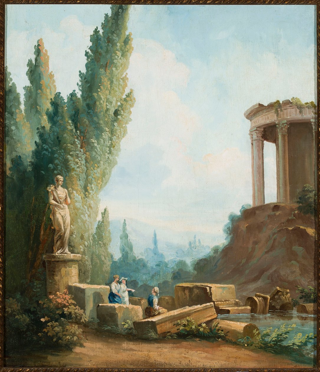 Landschap met de ruïnes van de Tempel van de Sibillen in Tivoli door Follower of Hubert Robert