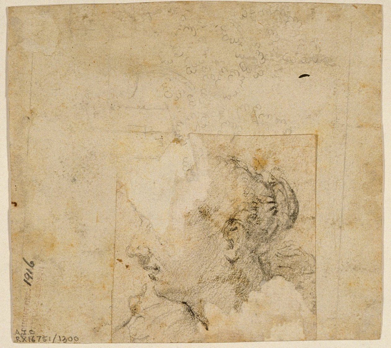 Vrouwelijk hoofd in profiel naar links; schets van bomen en gebouw door Follower of Jacopo Bassano