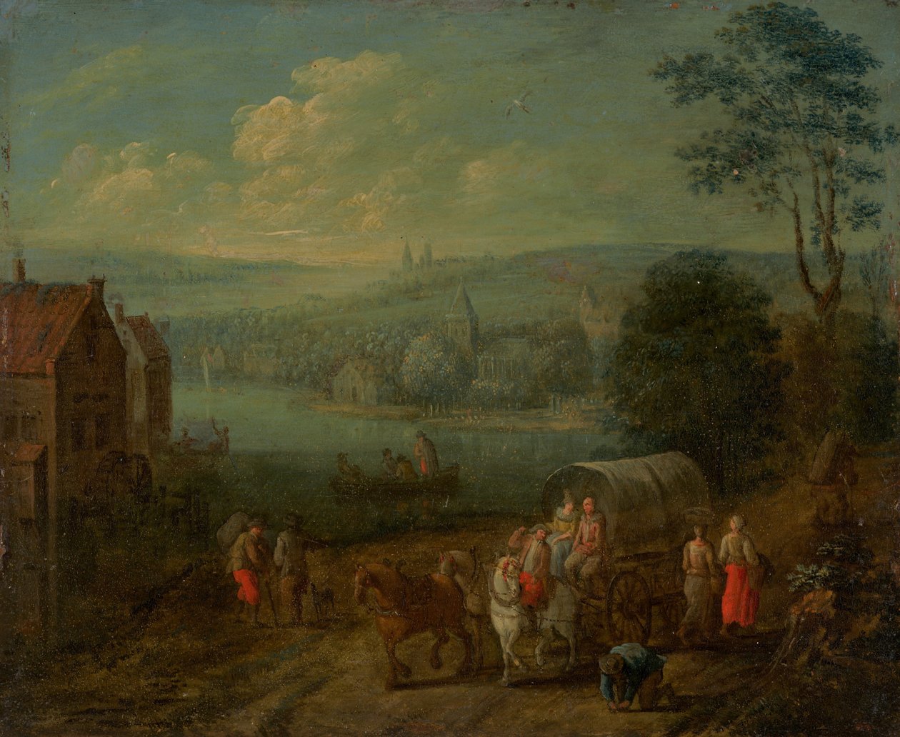 Rivierlandschap met Dorpen en Reizigers [verso] door Follower of Peeter Gysels