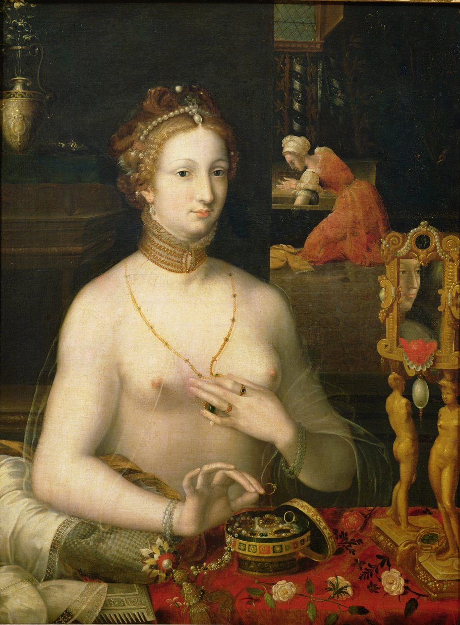 Vrouw bij haar toilet, 1585-95 door Fontainebleau School
