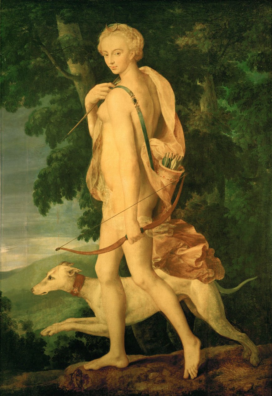 Diane chasseresse - Diana op jacht. De Diana is Diane de Poitiers. Het schilderij is geïnspireerd op een brons van Primaticcio ... door Fontainebleau School
