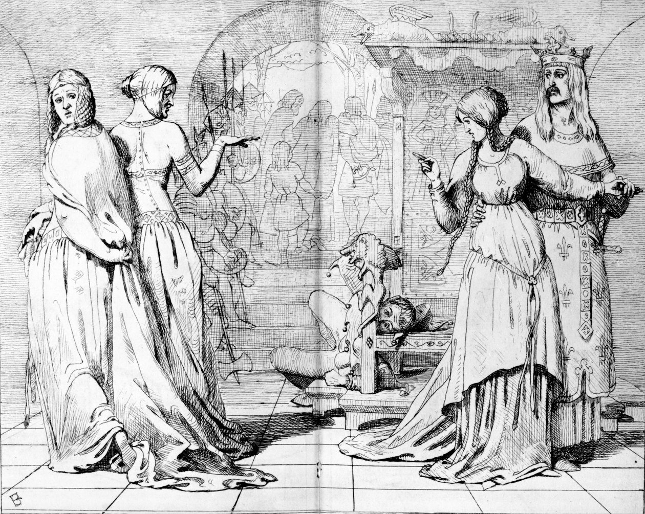 Cordelia weggeleid van Goneril en Regan, illustratie uit 