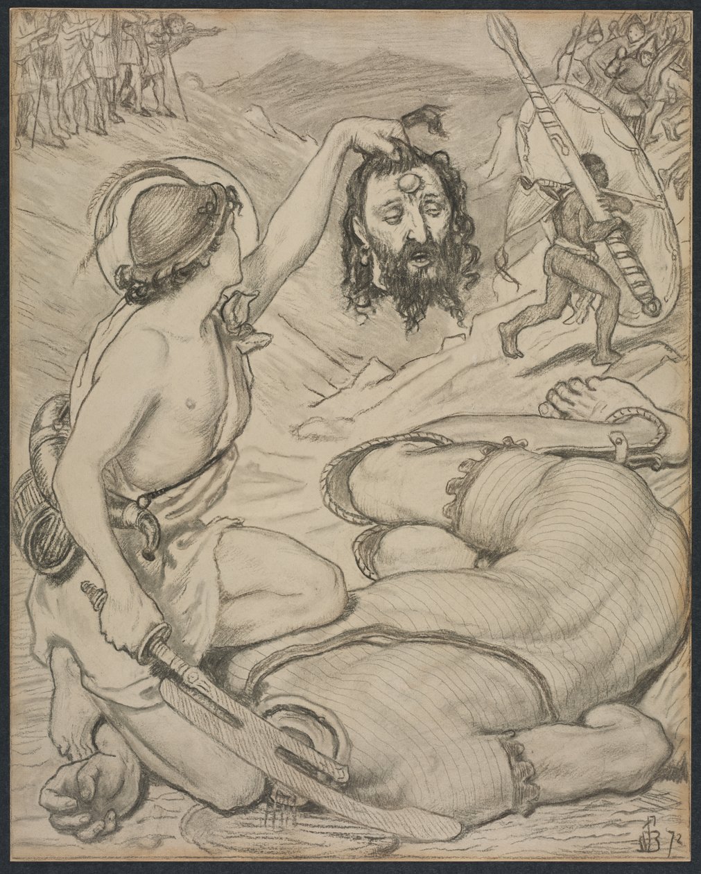 David en Goliath, Cartoon voor Glas-in-loodraam in Jesus College, Cambridge door Ford Madox Brown