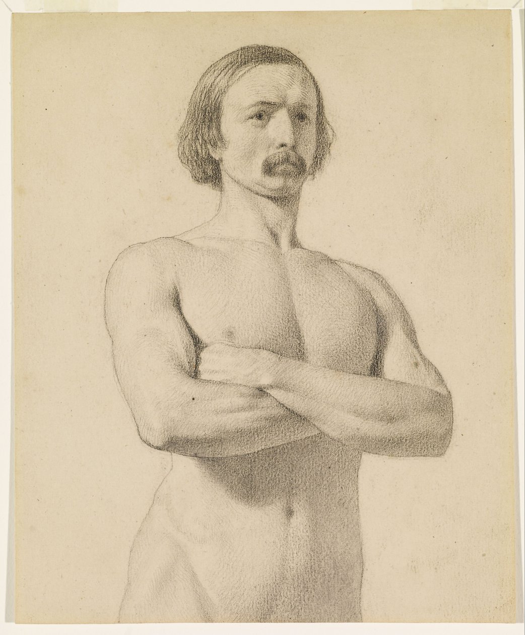 Mannelijk naakt - Academische naaktstudie, halflang met snor en gevouwen armen door Ford Madox Brown