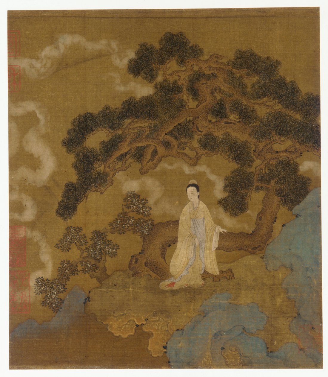 Dame Onder een Kromme Pijnboom door Formerly attributed to Zhou Wenju