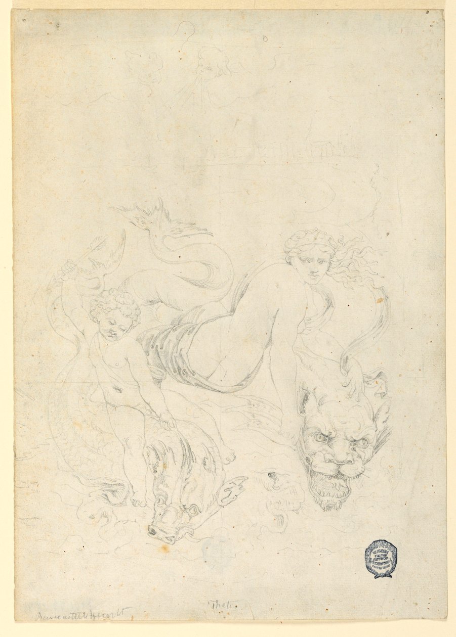 Tekening, Thetis en Cupido drijvende vis, ca. 1820 door Fortunato Duranti