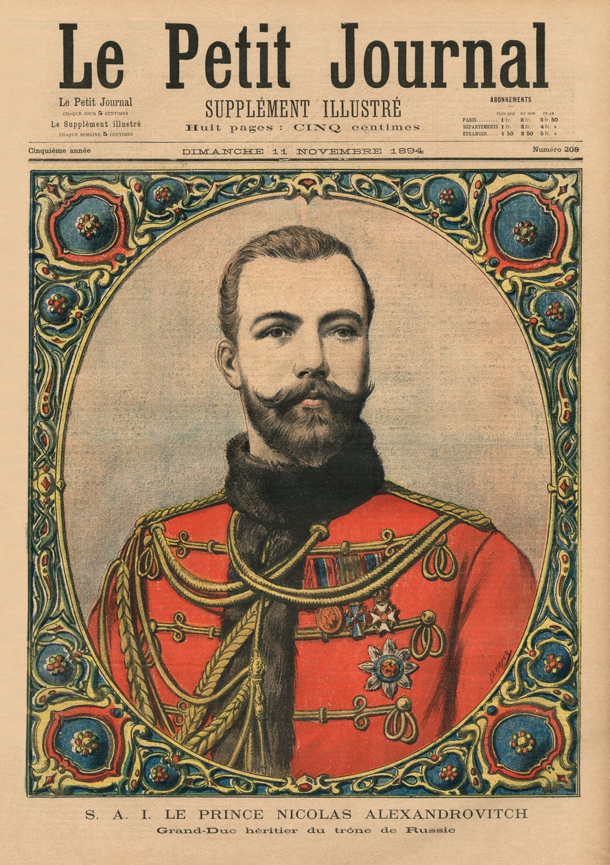 Zijne Keizerlijke Hoogheid Prins Nicholas Alexandrovitch, toekomstige Keizer en Tsaar Nicholas II, voorpagina illustratie van 