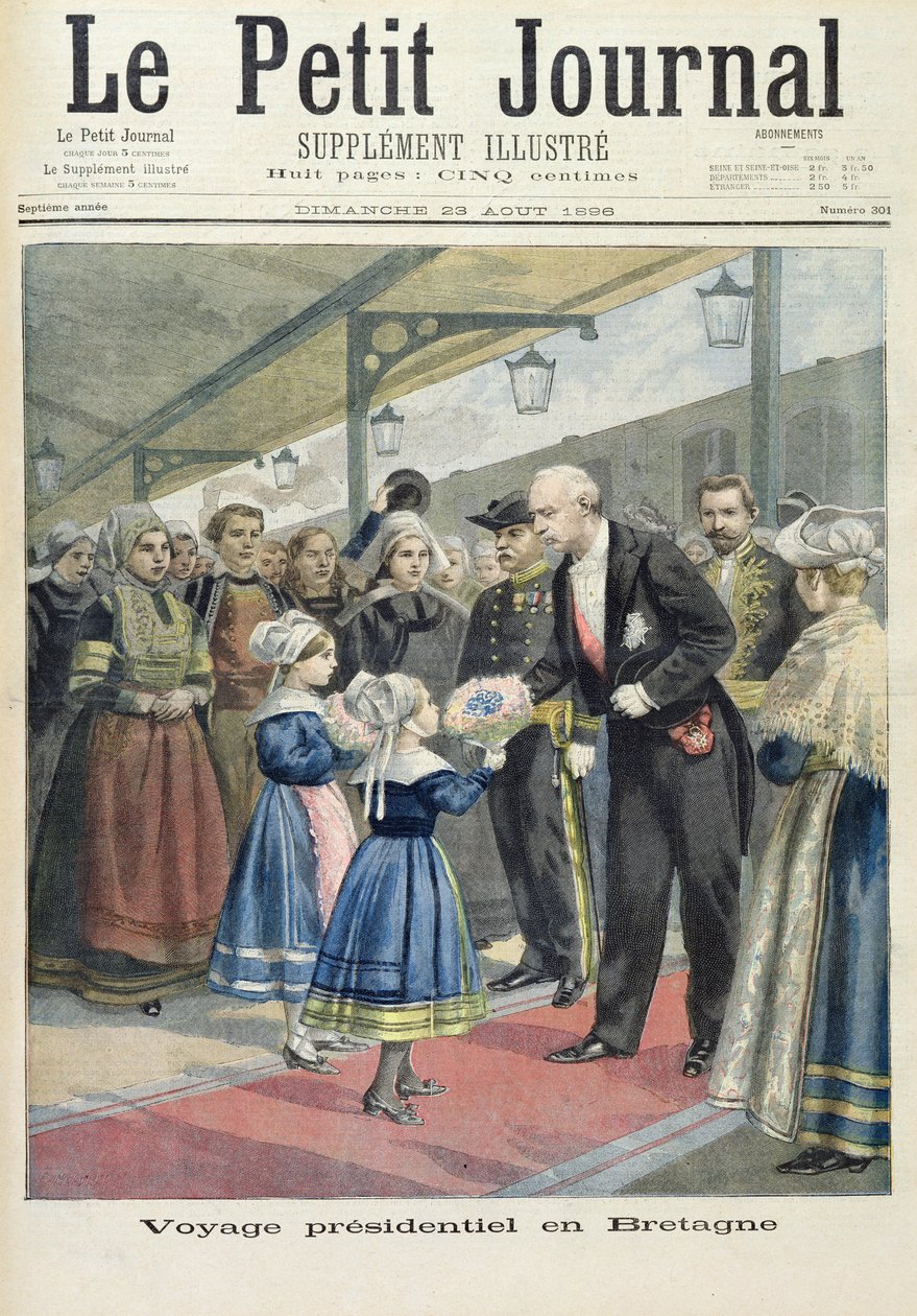 Titelpagina die de presidentiële reis van Felix Faure naar Groot-Brittannië afbeeldt, illustratie uit de geïllustreerde bijlage van Le Petit Journal, 23 augustus 1896 door Fortune Louis Meaulle