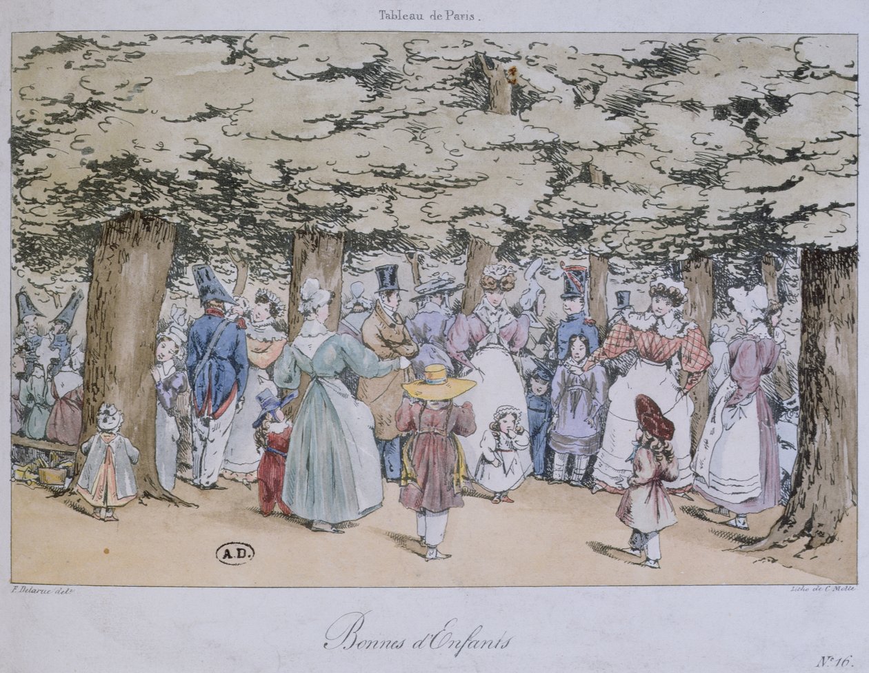 Kinderen en kindermeisjes in het park, uit de Tableau de Paris-serie, gegraveerd door C. Motte, 1827 door Fortune Delarue