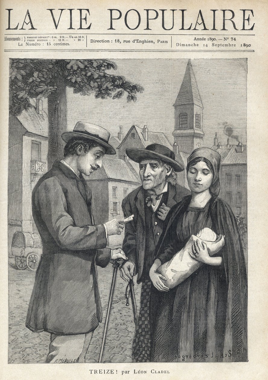 Een verpleegster die een nieuwe baby vasthoudt, vergezeld door haar vader, een oude boer, met een vastberaden blik, ontmoet een man van de bourgeoisie, die zorgvuldig een papier leest, op het plein van een provinciaal dorp. Illustratie door Rene Schutzenbe door Fortune Louis Meaulle