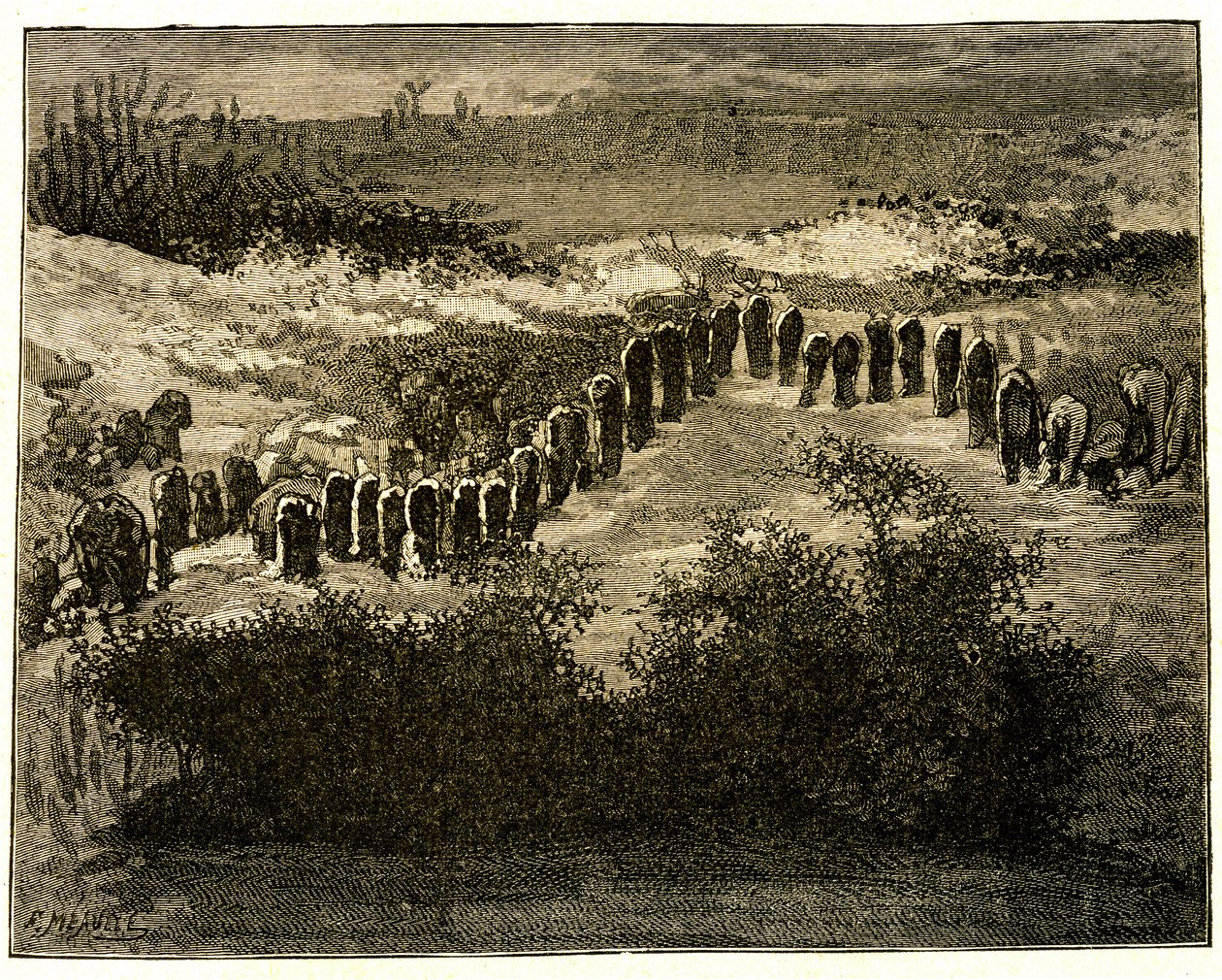 Carnac menhir uitlijningen. Tekening door Victor Hugo gegraveerd door Meaulle. Uittreksel uit de tekst van Hugo (Op reis in Bretagne) door Fortune Louis Meaulle
