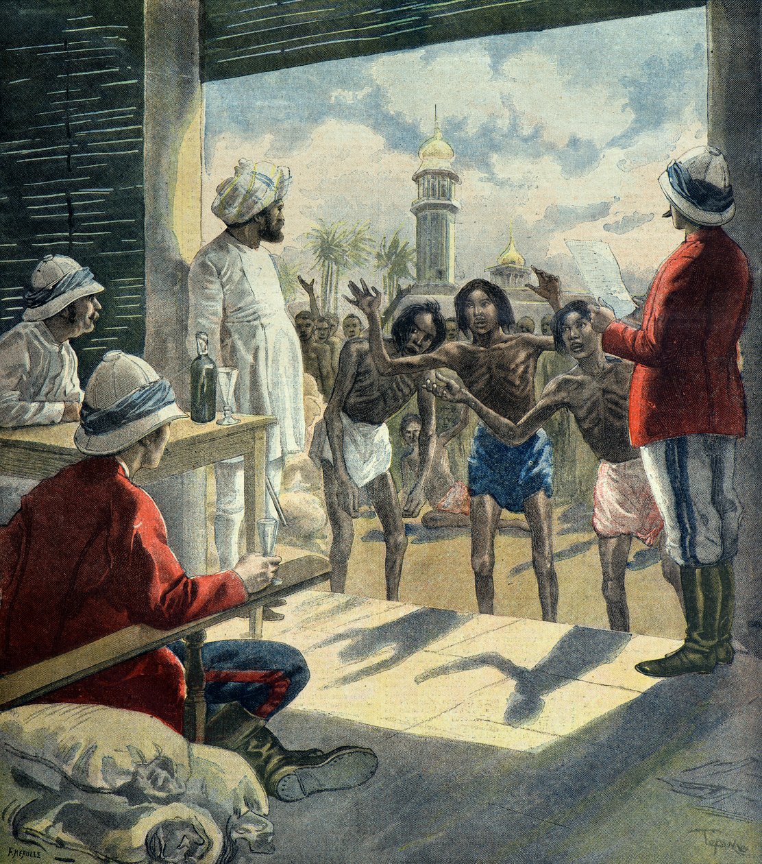Hindoes komen de Engelsen om hulp vragen tijdens de grote hongersnood van 1896 - 1897 (Gravure) door Fortune Louis Meaulle