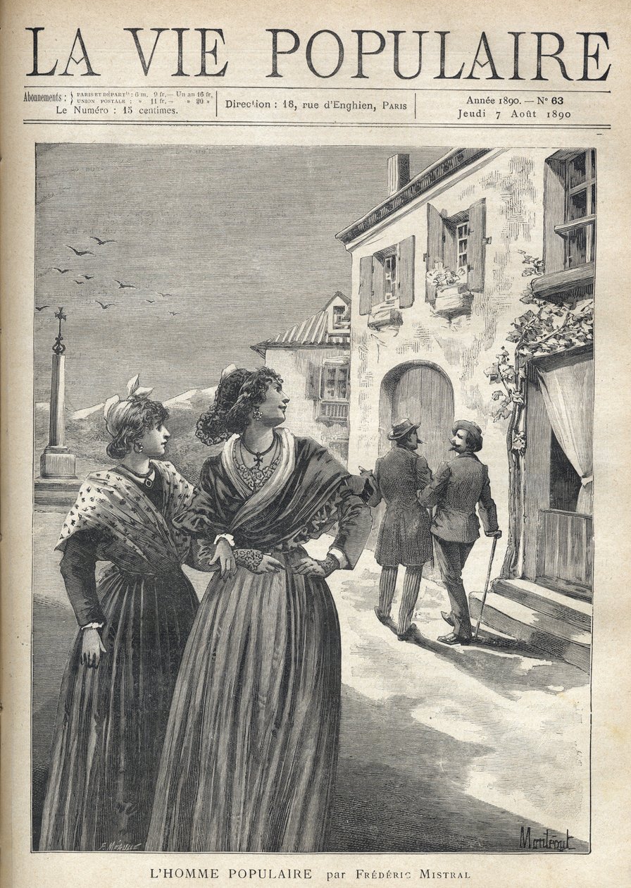 In de straten van een dorp in de Provence, twee mooie vrouwen in Provençaalse jurken keren zich om naar de straat om een man te confronteren die zelfverzekerd naar hen kijkt. Illustratie door Montegut voor De Populaire Man door Frederic Mistral (1830-1914) door Fortune Louis Meaulle