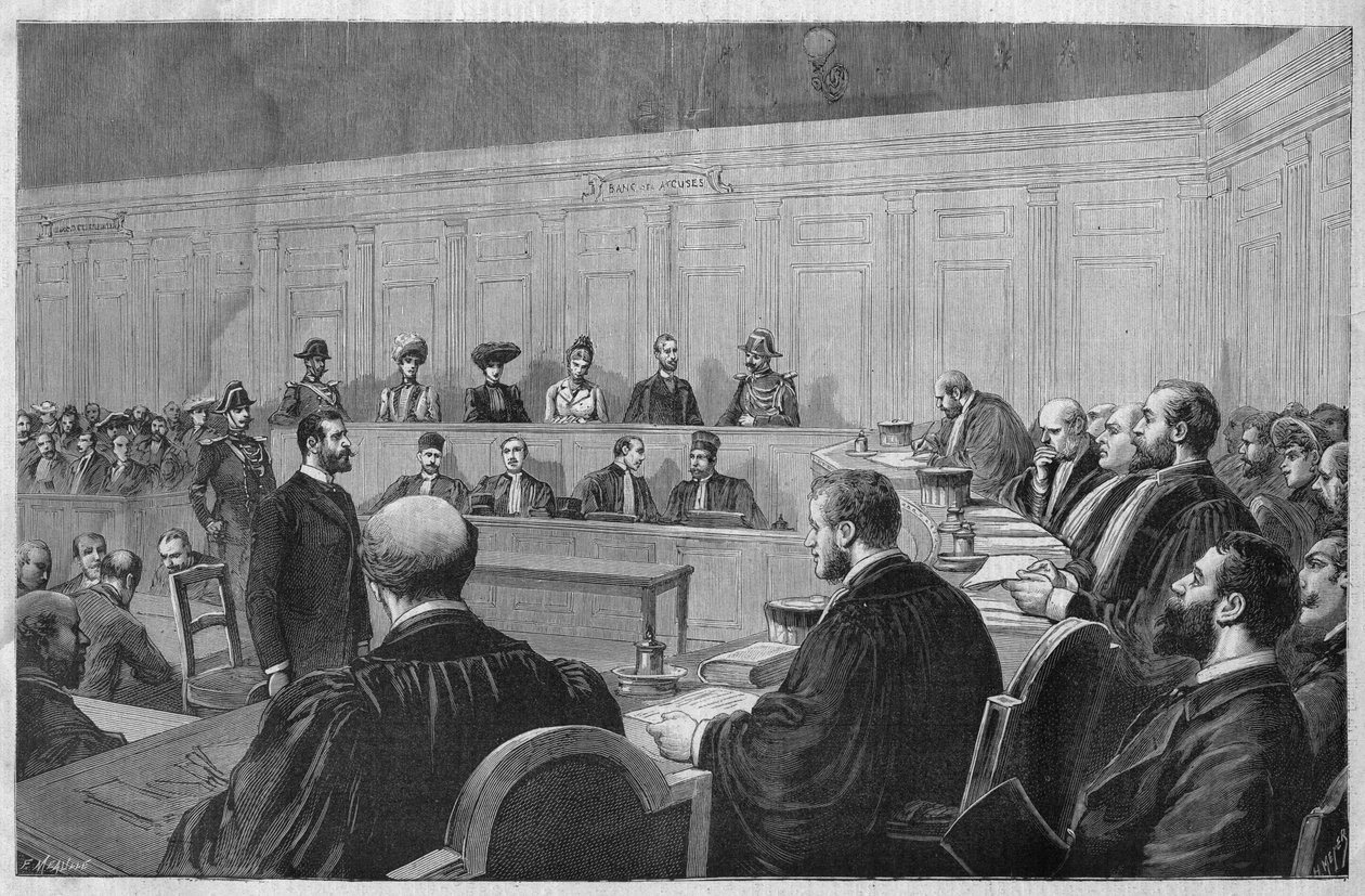 Het schandaal van Toulon in 1891: affaire Fouroux - Jonquieres - de rechtszaal, getuigenverklaring - Gravure door Meaulle in 