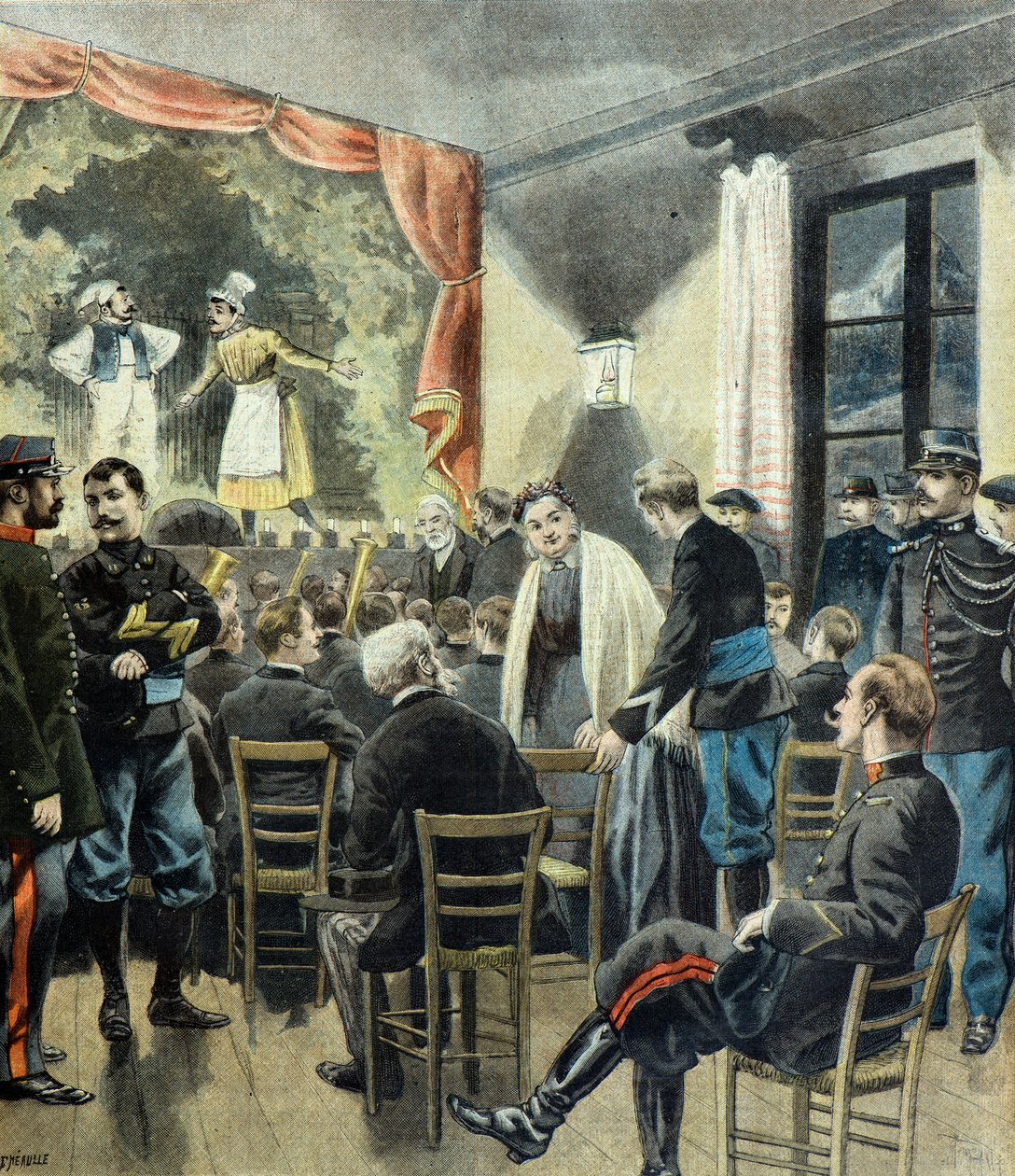 Le theatre aux armeses , voorstelling door alpenjagers door Fortune Louis Meaulle