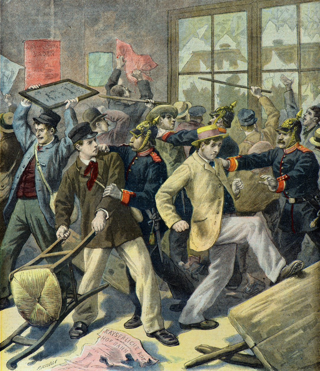 Opstand van dienstplichtigen uit Elzas-Lotharingen in Duitse stations (Gravure) door Fortune Louis Meaulle