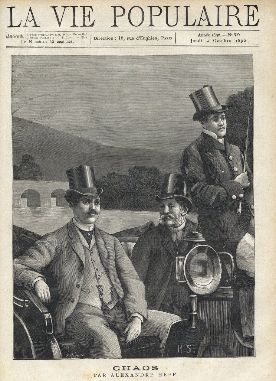 Twee mannen in pak en hoge hoed zitten in een paardenkoets, geleid door een koetsier. Ze rijden langs een rivier. Illustratie voor Chaos door Alexandre Hepp (1857-1924). Gravure door Fortune Meaulle (1844-1901) door Fortune Louis Meaulle