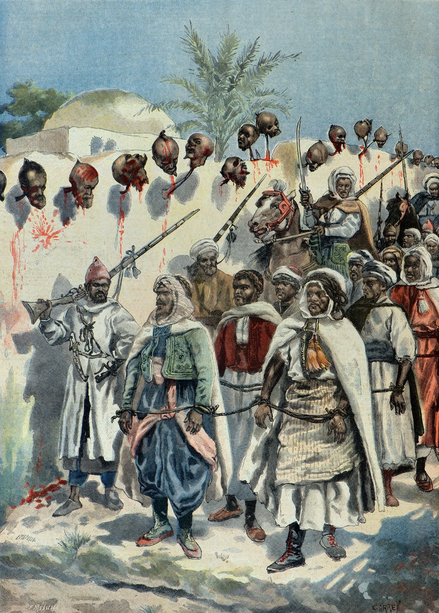 gevangen Marokkaanse opstandelingen lopen langs de afgehakte hoofden van hun kameraden in 1897 (gravure) door Fortune Louis Meaulle