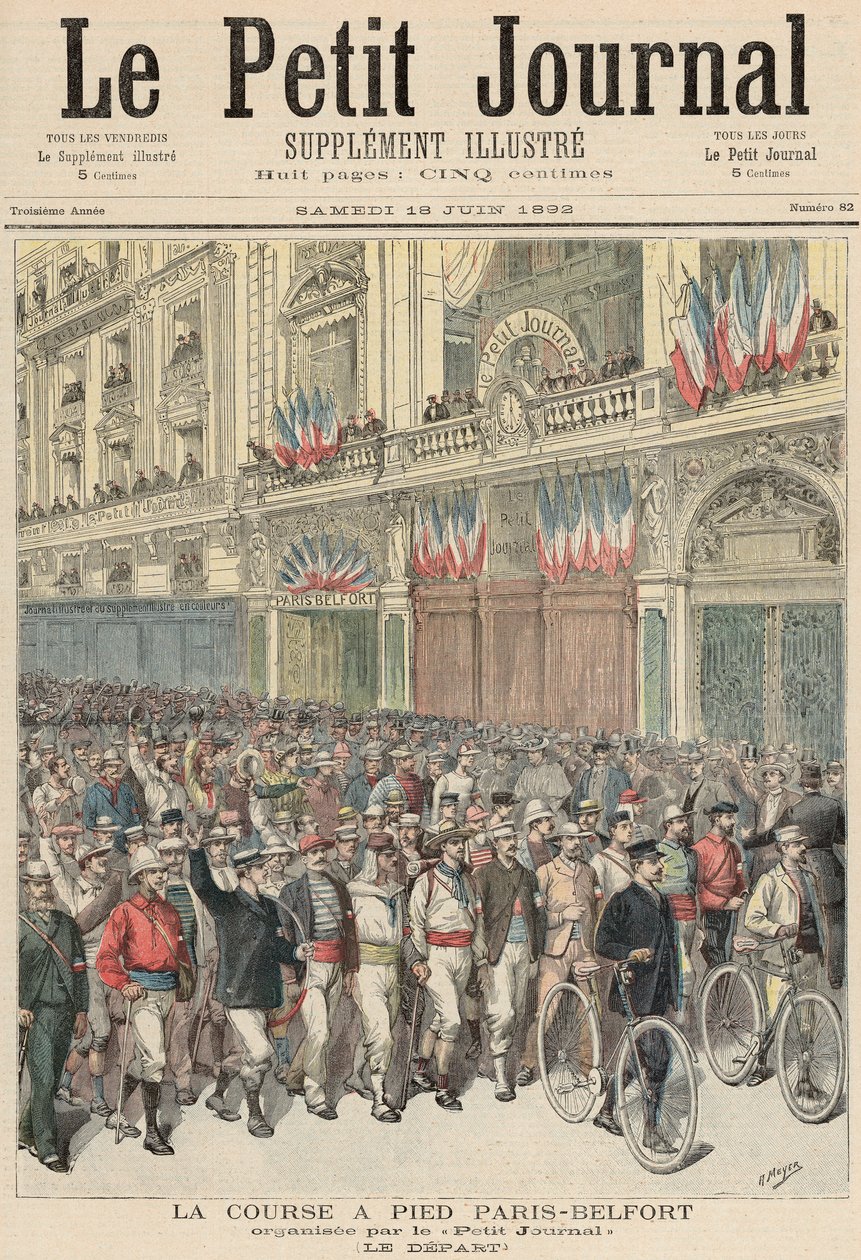De start van de wegwedstrijd van Parijs naar Belfort, uit 