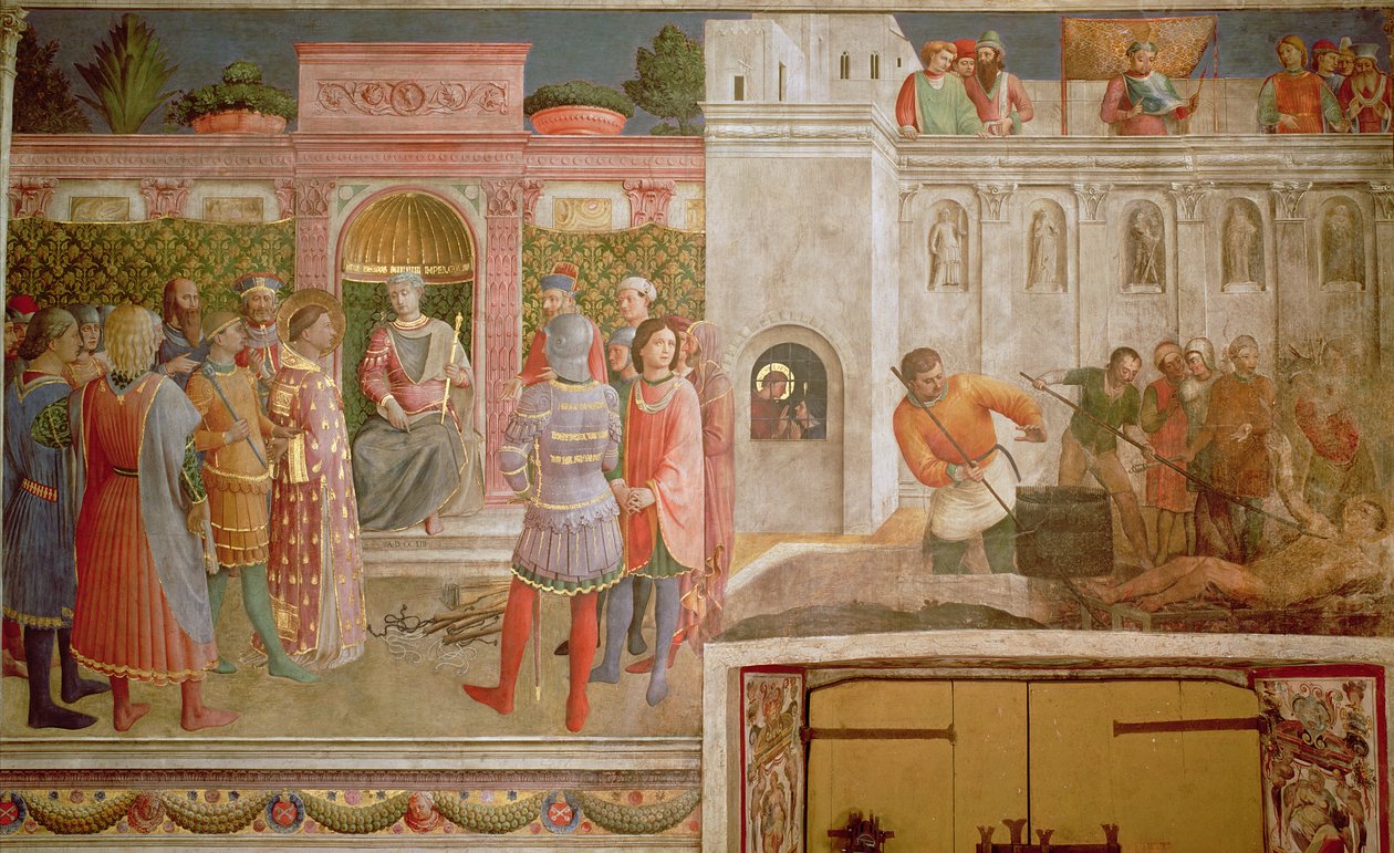 St. Laurentius voor Decius en de marteldood van St. Laurentius door Fra Angelico